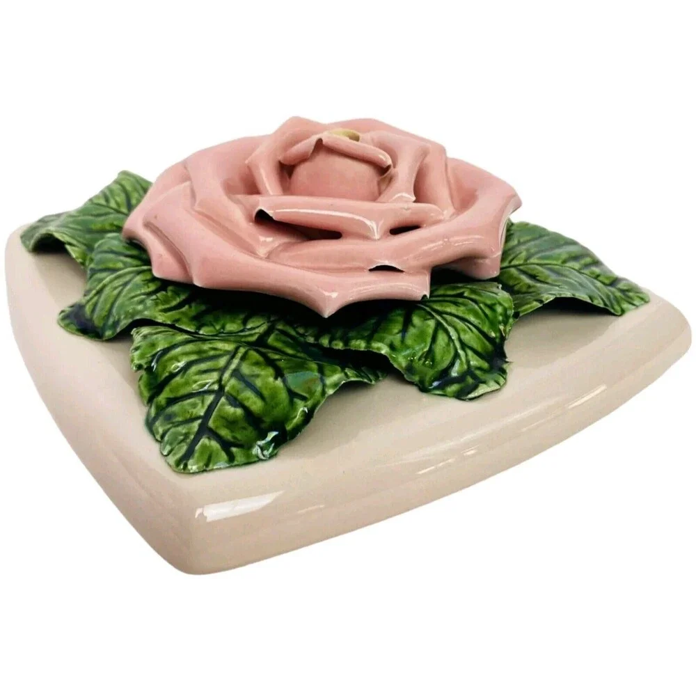 Vintage Valley Vista California Pottery Ceramic Lidded Trinket Box Raised Rose